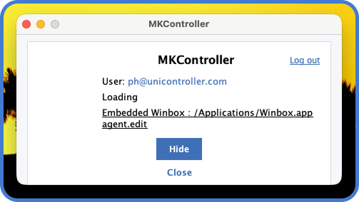 MKController desktop agent installed and signed in, showing the logged-in user and the embedded Winbox path while running on the local computer